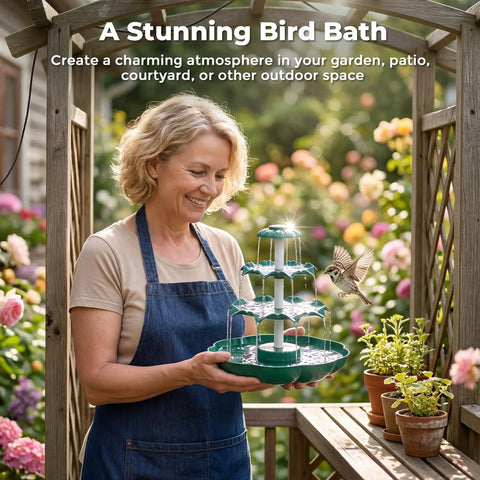 Woman holding Sun Powered 6.5W Solar Bird Bath Fountain With 3 Tier Waterfall And 9 Streams, DIY Detachable Solar Pump