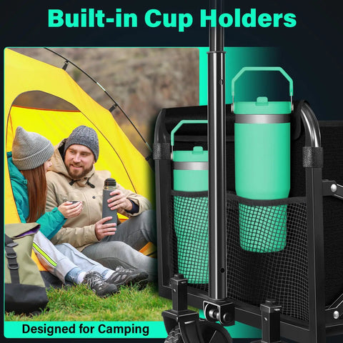 Collapsible Wagon Cart With Wheels, shown camping, built-in cup holders visible, all terrain, one second fold design.