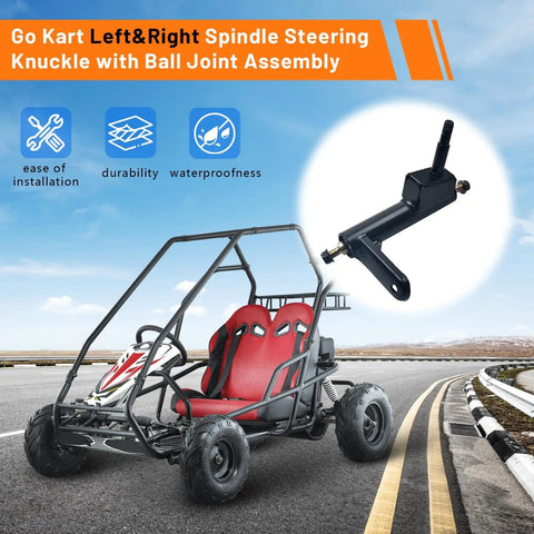 Go-kart on road with Left And Right Spindle Steering Knuckle With Ball Joint Assembly shown in detail