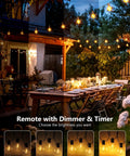 Dimmable Outdoor String Lights With Remote 100Ft Waterproof G40 LED Bulbs illuminating a backyard patio dining area.