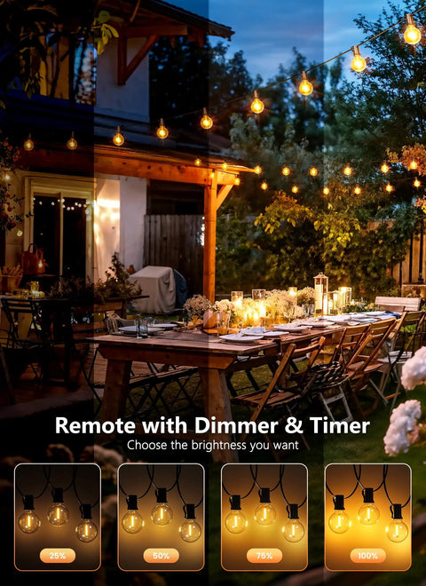 Dimmable Outdoor String Lights With Remote 100Ft Waterproof G40 LED Bulbs illuminating a backyard patio dining area.