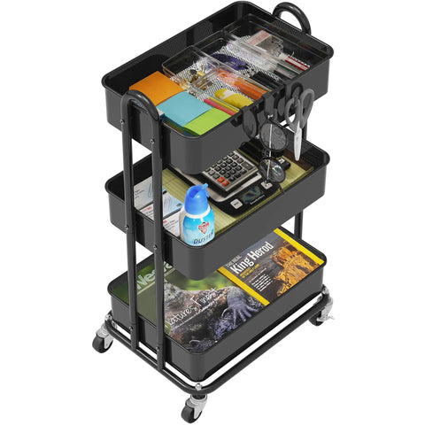 Beefy Steel Frame 3 Tier Metal Utility Rolling Cart With Black Finish For Home Garage Kitchen Organization And Easy Mobility On Four 2 Inch Casters Great For Organizing Tools Craft Supplies Pantry Items And Cleaning Gear filled with various items