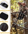 Hunter using Universal Tree Stand Seat Replacement 16x12 Inch Adjustable Fit for climbing treestands, includes close-ups of parts.