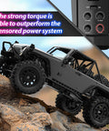 One Twelfth Scale Brushless 4X4 RC Rock Crawler With Metal Cased Body climbing rocky terrain, showcasing portal axles.