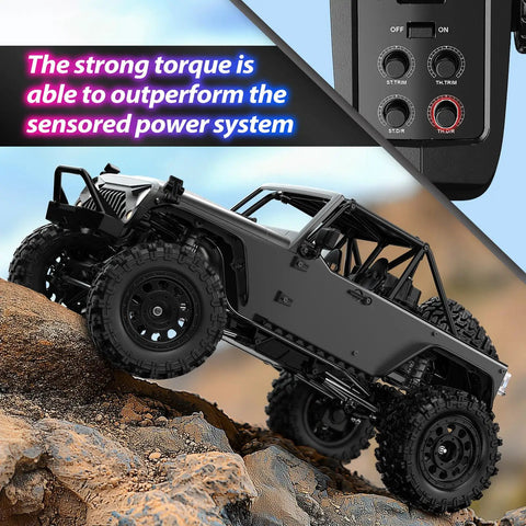 One Twelfth Scale Brushless 4X4 RC Rock Crawler With Metal Cased Body climbing rocky terrain, showcasing portal axles.