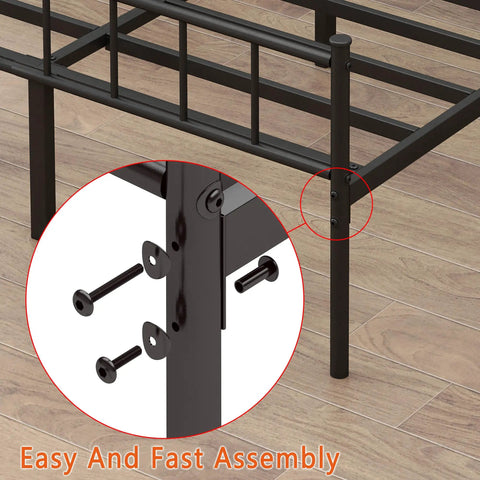 Close-up of Tough Built Queen Metal Bed Frame with easy assembly features and metal joints for secure attachment.