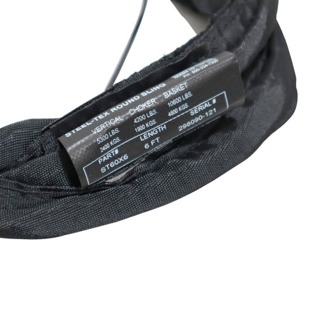 Close-up of Tough 6-Foot SpanSet Truss Rigging Sling with SteelTex Round Design label, showing specifications and black jacket