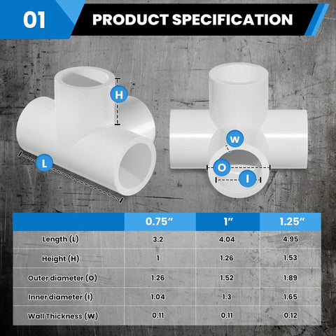 1 Inch PVC 4 Way Tee Fitting For DIY Frames and Structures, Schedule 40 Furniture Grade, Slip On Connector Specifications