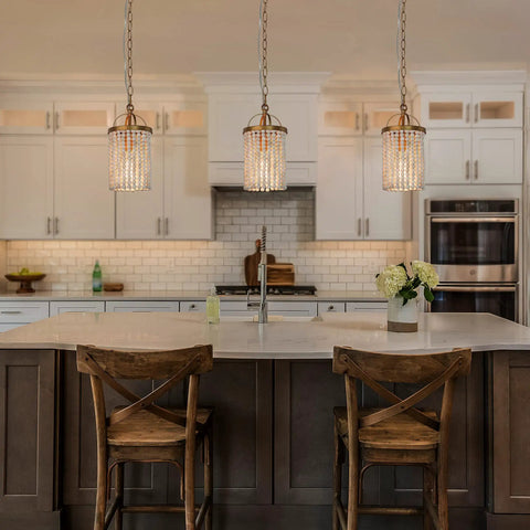 Beaded Pendant Light Fixtures Boho Chandelier For Dining Room Hallway Bedroom 6 Inch Diameter Rustic Wood Beads With Dark Gold Frame And Cozy Warm Glow hanging over kitchen island.