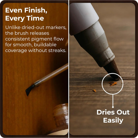 Application of Knockout Match Wood Stain Repair Kit With Brush On Touch Up Bottles for scratches on wood furniture.