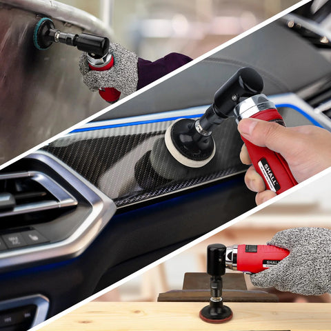Shall red right-angle die grinder, 90° head with 1/4in and 1/8in collets, used on car panel and wooden workpiece