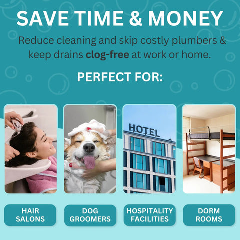 Image showcasing uses for Disposable Shower Drain Hair Catcher Mesh Stickers in hair salons, dog groomers, hotels, and dorm rooms.