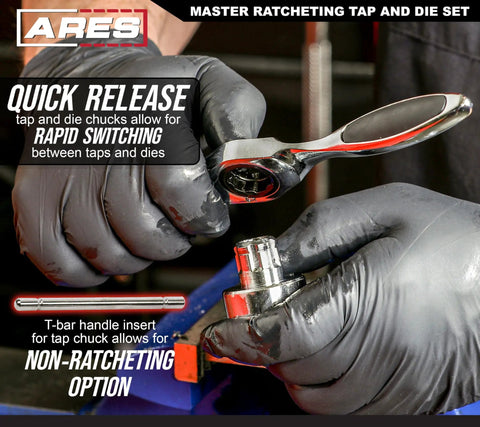 Mechanic using Master Ratcheting Tap And Die Set With Metric And SAE Sizes For Creating And Repairing Threads Titanium Coated Finish