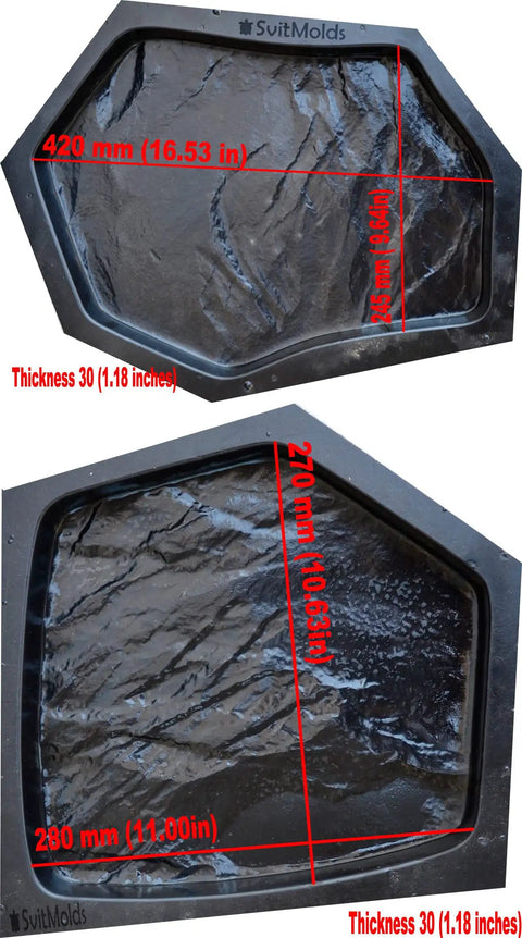 Concrete Molds 6 Piece DIY Plastic Molds Set For Flagstone Paving Stones, detailed view of textured ABS plastic molds with dimensions.
