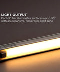 Under Cabinet LED Lighting Kit With Motion Sensor, 3 Slim Bars At 9 Inches Each, showcasing warm white glow and light output.
