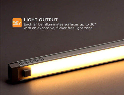 Under Cabinet LED Lighting Kit With Motion Sensor, 3 Slim Bars At 9 Inches Each, showcasing warm white glow and light output.