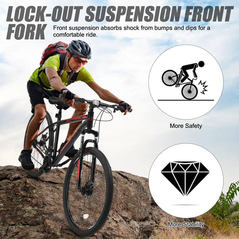 Person riding Trail Ready 27.5 Inch Mountain Bike For Men And Women, 21 Speed Shifting, Dual Disc Brakes, Suspension Fork on rocks.