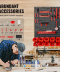 Wall Mounted 30 Bin Parts Organizer Rack With Panels, Tool Holders And Hooks, installed in garage with accessories.