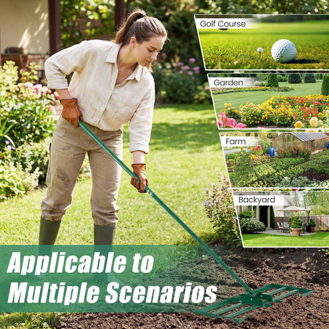 Person using 30 By 10 Inch Lawn Leveling Rake For Soil Sand Dirt Beefed Up Heavy Duty Ground Leveler in garden with scenarios.