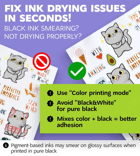 Premium printable vinyl sticker paper sample: two white glossy sticker sheets with cat-themed designs on purple background.