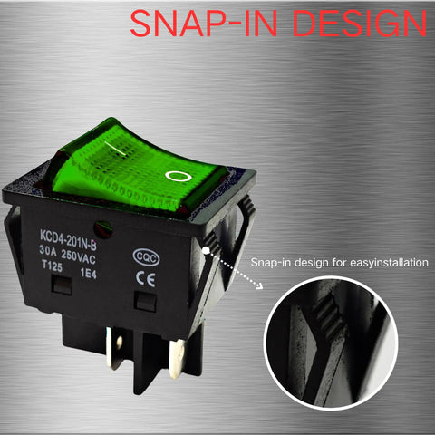 Heavy Duty 30A 250V DPST Rocker Switch 4 Pin Green Lighted On Off Toggle Two Pack For 120V/240V Applications, Perfect For Home, Automotive, And DIY Projects, snap-in