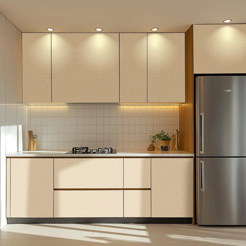 Modern kitchen cabinets with Peel And Stick Slick Grasscloth Wallpaper For Cabinets And Walls, Faux Linen Beige Vinyl Self Adhesive Covering