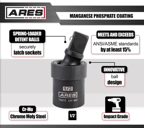Rugged Half Inch Drive Impact Universal Joint For Cordless Electric And Pneumatic Wrenches With Corrosion Resistant Manganese Phosphate Coating Laser Etched ID And Spring Loaded Detent Ball, 1/2in chrome moly