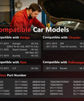 List of compatible car models for Heavy Duty Ac Compressor With Clutch For 3.6L Pentastar Engine, showing Dodge, Chrysler, Ram, and Volkswagen.