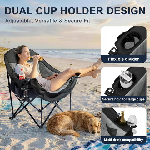 Person relaxing in Oversized Camping Chair For Adults With Cup Holder And Side Pocket, Heavy Duty Padded Portable Folding XL Camp Chair, Collapsible For Outdoor Lawn Beach Fishing, Supports Up To 500 Lbs, Grey
