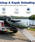 Heavy Duty Gravity Roller Conveyor 78 7 Inch Expandable Collapsible Portable Loading Unloading System For Warehouse Material Handling And Smooth Cartons Transport Without Electricity with a kayak on a pickup truck.