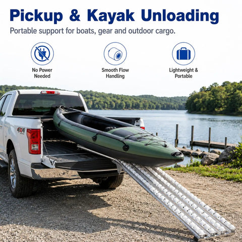 Heavy Duty Gravity Roller Conveyor 78 7 Inch Expandable Collapsible Portable Loading Unloading System For Warehouse Material Handling And Smooth Cartons Transport Without Electricity with a kayak on a pickup truck.