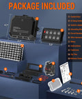 Package contents of Eight Gang RGB Switch Panel with control box, switch panel, labels, wires, and instructions displayed
