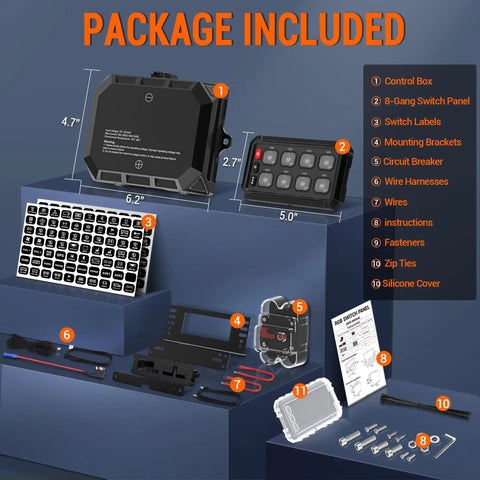 Package contents of Eight Gang RGB Switch Panel with control box, switch panel, labels, wires, and instructions displayed