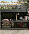 Built Tough Outdoor Storage Bench With 80 Gallon Lockable Waterproof Storage Chest For Patio Garden And Porch, filled with tools and toys
