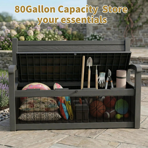Built Tough Outdoor Storage Bench With 80 Gallon Lockable Waterproof Storage Chest For Patio Garden And Porch, filled with tools and toys