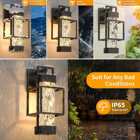 Knockout Two Pack Dusk To Dawn Outdoor Wall Sconces With Built In Photocell Waterproof Black Coach Lanterns Dimmable Porch Lights under rain.