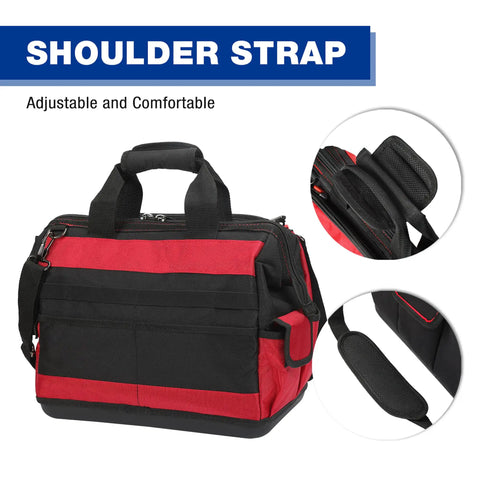 Rugged Wide Mouth Tool Bag With Waterproof Rubber Base For All Tools Heavy Duty Pro Grade Organizer With 46 Pockets And Shoulder Strap