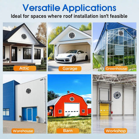 Versatile applications of the Powerful 1300 CFM Attic Exhaust Fan for attic, garage, greenhouse, warehouse, barn, workshop.