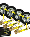 Four 2 Inch Wide Lasso Style Car Tie Down Straps With Flat Hooks, 96 Inch Long, Classic Yellow, heavy duty auto hauler tie downs