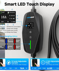 16 Amp Level 1 And Level 2 EV Charger With 110-240V Input, NEMA 6-20 Plug And 5-15 Adapter, Smart LED Touch Display