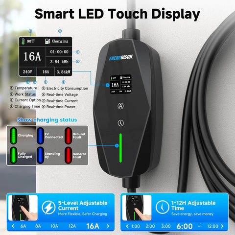 16 Amp Level 1 And Level 2 EV Charger With 110-240V Input, NEMA 6-20 Plug And 5-15 Adapter, Smart LED Touch Display