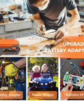 Collage showing DIY Adapter for Ridgid 18V Hyper Battery Dock Power Connector for RC Cars, Trucks and eBikes in various DIY setups.