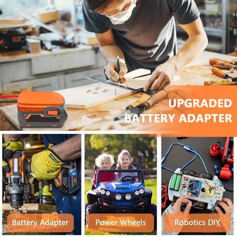 Collage showing DIY Adapter for Ridgid 18V Hyper Battery Dock Power Connector for RC Cars, Trucks and eBikes in various DIY setups.
