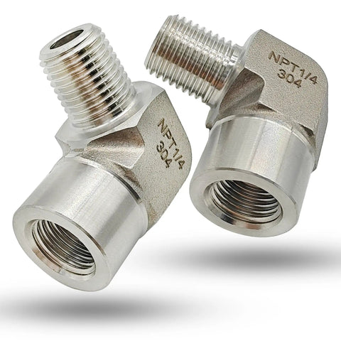 Beefy One Quarter Inch NPT Female To One Quarter Inch NPT Male 90 Degree Street Elbow Pipe Fitting 304 Stainless Steel 5800 PSI