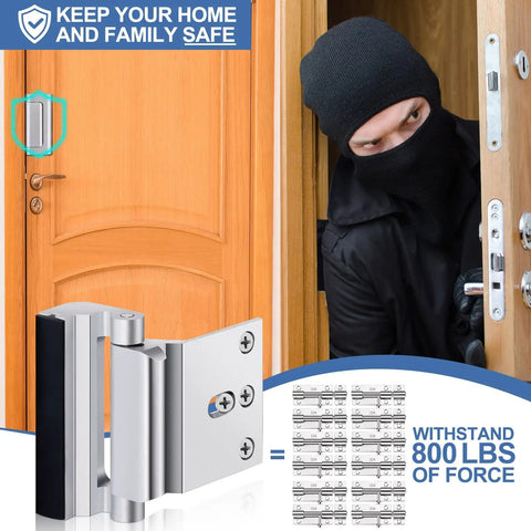 Six Pack Home Security Door Lock Reinforcement Kit With 48 Screws Child Proof Inside Lock and heavy duty bracket on wooden door