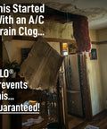 Damaged ceiling from A/C drain clog highlighting Smart Air Conditioning Drain Line And Drain Pan Cleaner With Bio Enzymatic Cleaning Solution.