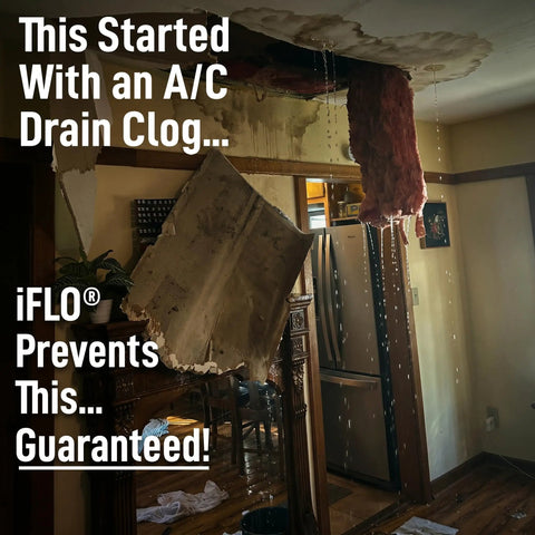 Damaged ceiling from A/C drain clog highlighting Smart Air Conditioning Drain Line And Drain Pan Cleaner With Bio Enzymatic Cleaning Solution.