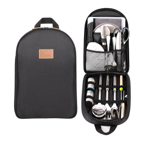 Ultimate Camping Cooking Utensils Set For Outdoors With Portable Stove Kit and compact display in travel bag