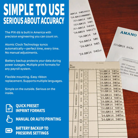 Automatic Date Time Stamp Machine For Office With Atomic Time Sync Secure Local Backup Ditch The Cloud Drama Pay Once Get Lifetime Access For Stress Free Employee Sign Sheets And Solid Paper Trails with printed time stamps and payroll sheets.