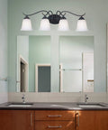 Medusa 4 Light Vanity Light In Oil Rubbed Bronze With Alabaster White Glass Shades, 30 Inch Wide Bathroom Wall Fixture above mirrors